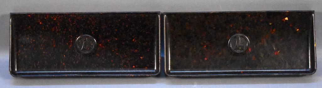 Two mottled Lionel postwar O 160 bins NICE: Two mottled Lionel postwar O 160 bins, one with orange red and black with a few scattered spots of green, the other has black, red, yellow, green, brown and blue, a very neat one as far as variants in