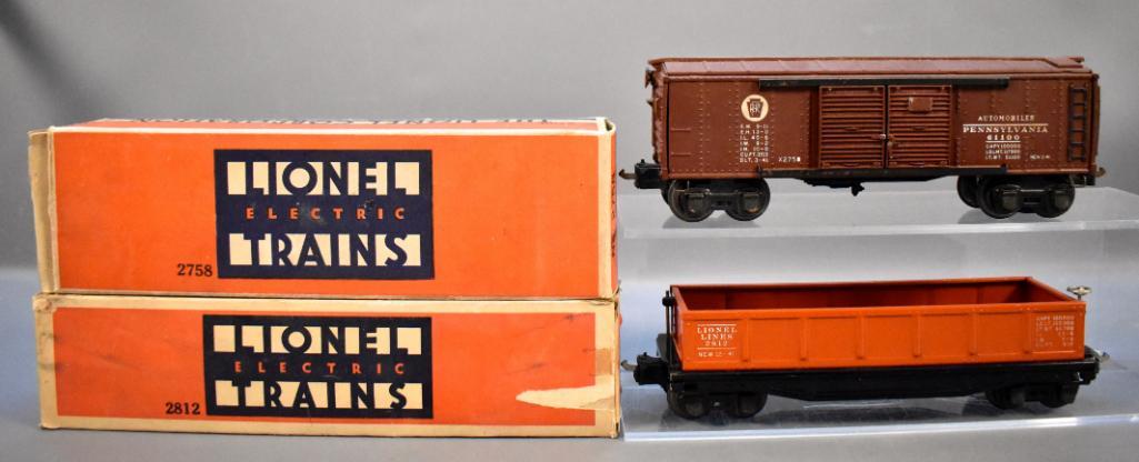 Lionel prewar O gauge 2812 gondola and 2758 box car in: Lionel prewar O gauge 2812 gondola that is missing one brake wheel, otherwise C7+, and a 2758 Pennsylvania automobile car, C6, in very good original boxes.