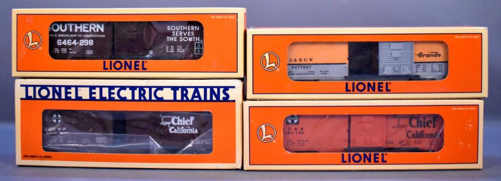 Four Lionel modern era O box cars in original boxes: Four Lionel modern era O box cars in original boxes to include 52058 1995 TTOS division, 52118 Rio Grande, 19282 6464-196 Santa Fe and 29214 Southern 6464-298, C8-9 in excellent original boxes.