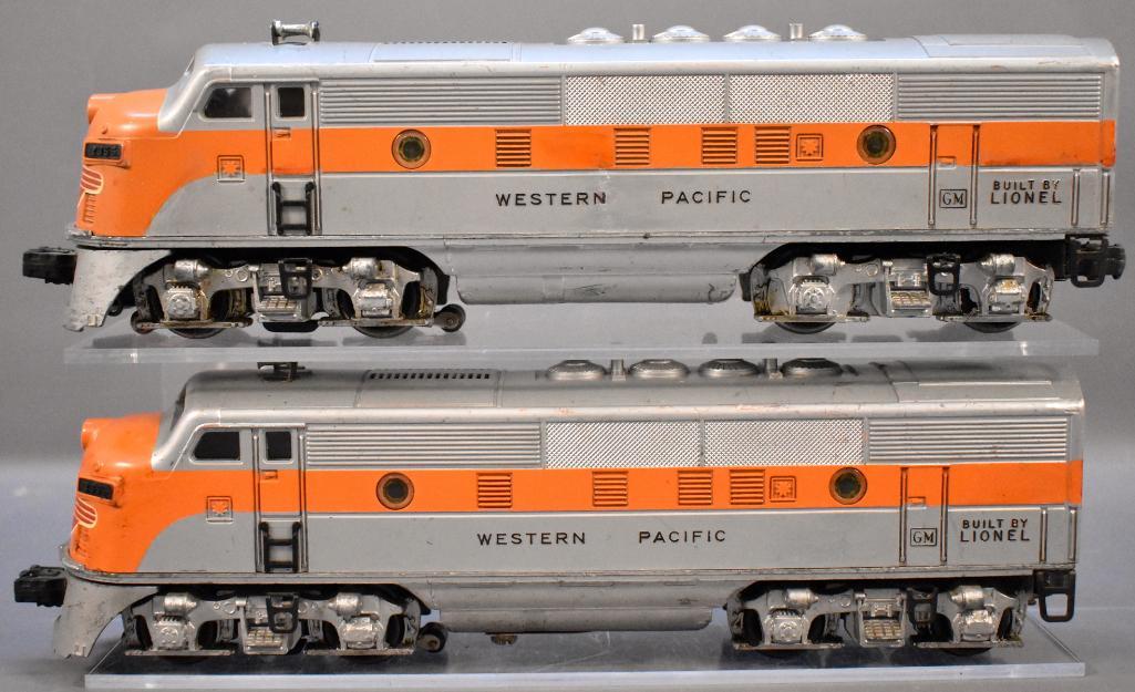 Lionel postwar O 2355 Western Pacific F-3 AA diesel: Lionel postwar O 2355 Western Pacific F-3 AA diesel locomotive set, C5-6 with some touch ups. Tested and ran well in reverse but was sluggish in forward. Sold as-is as seen in the photos with no retur
