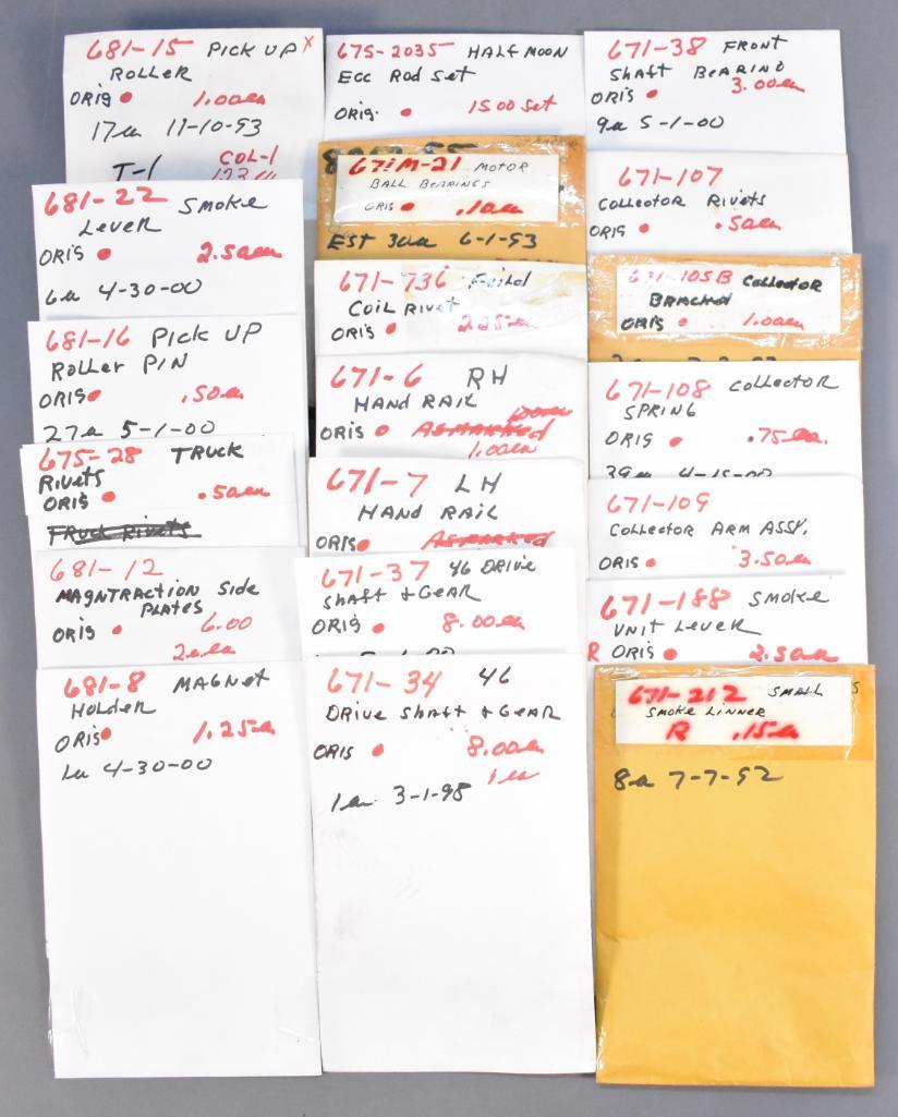 Lionel postwar O 671 and 681 steam turbine parts: Lionel postwar O 671 and 681 steam turbine parts. Each envelope should have at least one of each part number, some will have more than one.