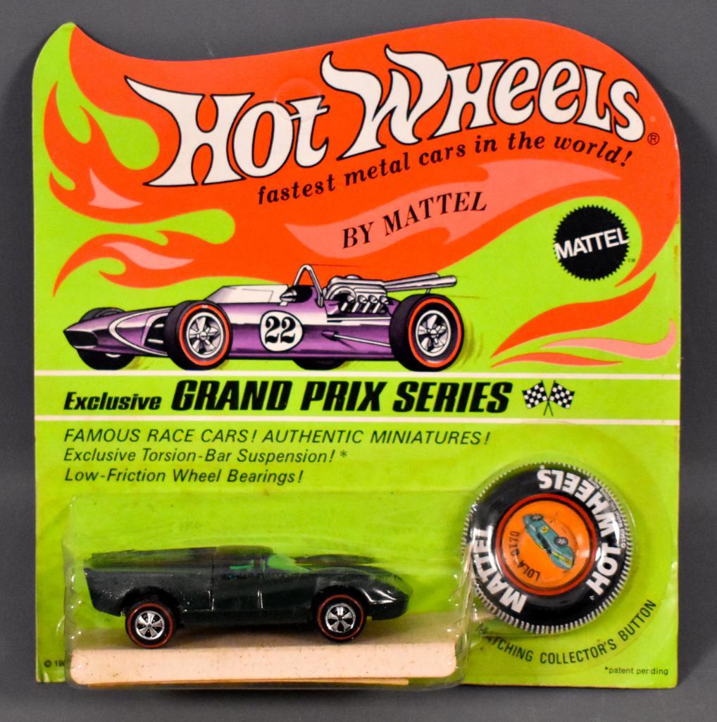 Redline Hot Wheels HK Green Enamel Lola GT on Blister: Redline Hot Wheels HK Green Enamel Lola GT on Blister Card Car is minty on an excellent unpunched card. Blister is clean and clear with no cracks and is firmly attached ,as seen in the photos.