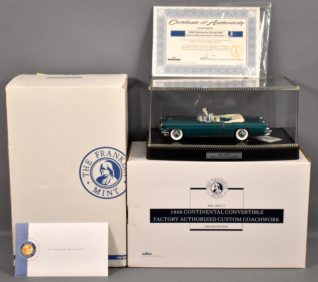 Franklin Mint 1956 Continental Mark II Convertible: Franklin Mint 1956 Continental Mark II Convertible Limited Edition for D4C, 1 of 869 with display case. Car is Metallic Turquoise and is a copy of a prototype made by Ford. Car has a broken hood ornam