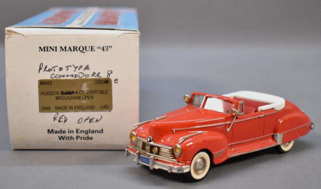 1946 Hudson Commodore 8 Convertible Prototype by Mini: 1946 Hudson Commodore 8 Convertible Prototype by Mini Marque 43 in 1/43rd Scale in Red. Car is a white metal casting factory assembled. Listed as a prototype on the box. This is Mini Marque 43 #53-c. 