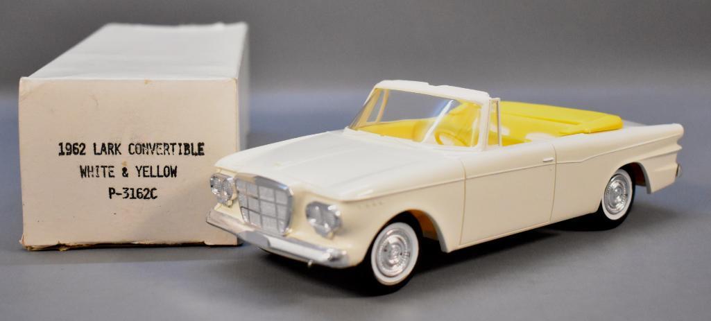 X-EL 1962 Studebaker Lark convertible promo car Jo-Han: X-EL 1962 Studebaker Lark convertible promo car Jo-Han reproduction in original box, white with yellow / white interior in near mint condition as seen in the photos.