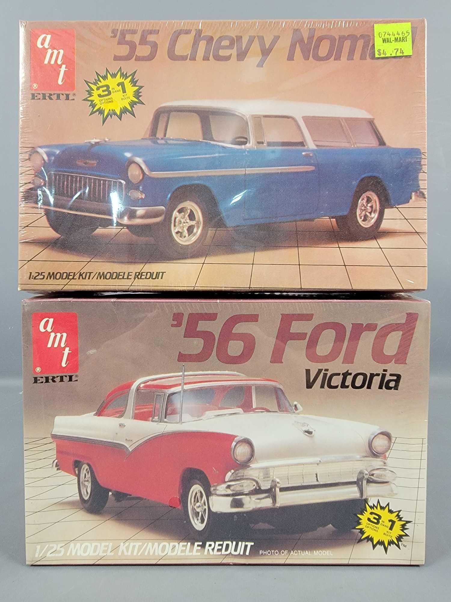 Two factory sealed AMT Ertl 1/25 scale model kits '56: Two factory sealed AMT Ertl 1/25 scale model kits to include a '56 Ford and a '55 Nomad, both are in excellent original boxes.