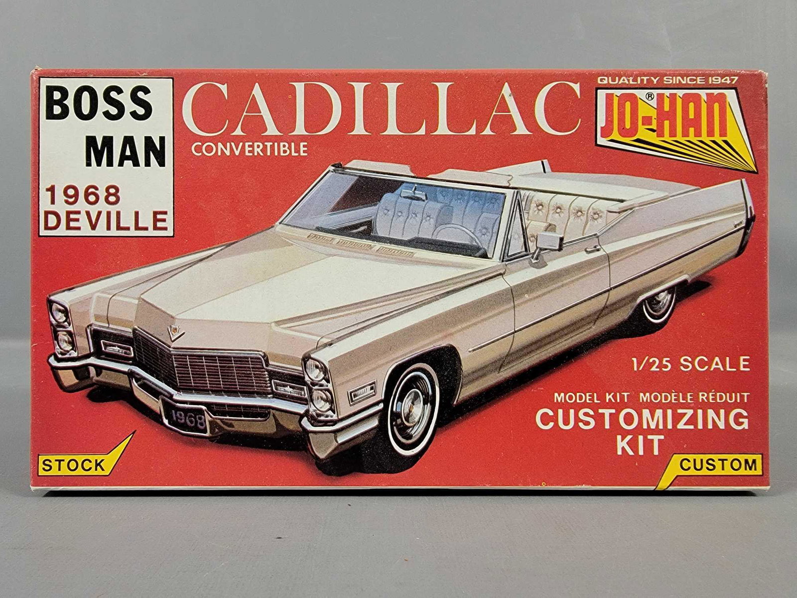 Unbuilt Jo-Han 1968 Boss Man Cadillac DeVille: Unbuilt Jo-Han 1968 Boss Man Cadillac DeVille convertible 1/25 scale model kit in an excellent original box with original instruction sheet. Appears to be complete with possibly a piece or two loose f