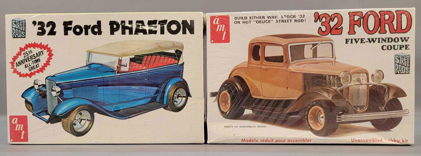 Two factory sealed AMT Street Rods '32 Ford 1/25 scale: Two factory sealed AMT Street Rods '32 Ford 1/25 scale model kits to include A125 Phaeton and T147 five-window coupe, both in excellent to near mint original boxes.