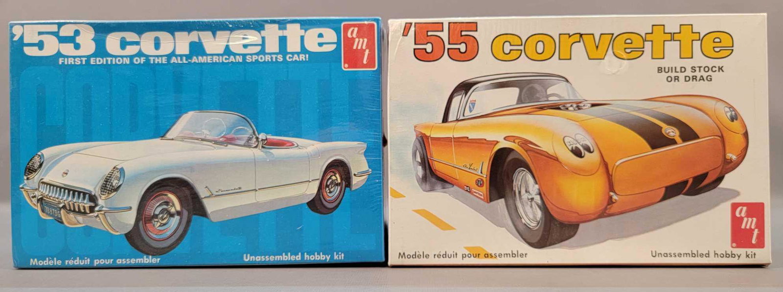 Two factory sealed AMT Corvette 1/25 scale model kits: Two factory sealed AMT Corvette 1/25 scale model kits to include T287 '55 and T310 '53 convertibles in near mint original boxes.