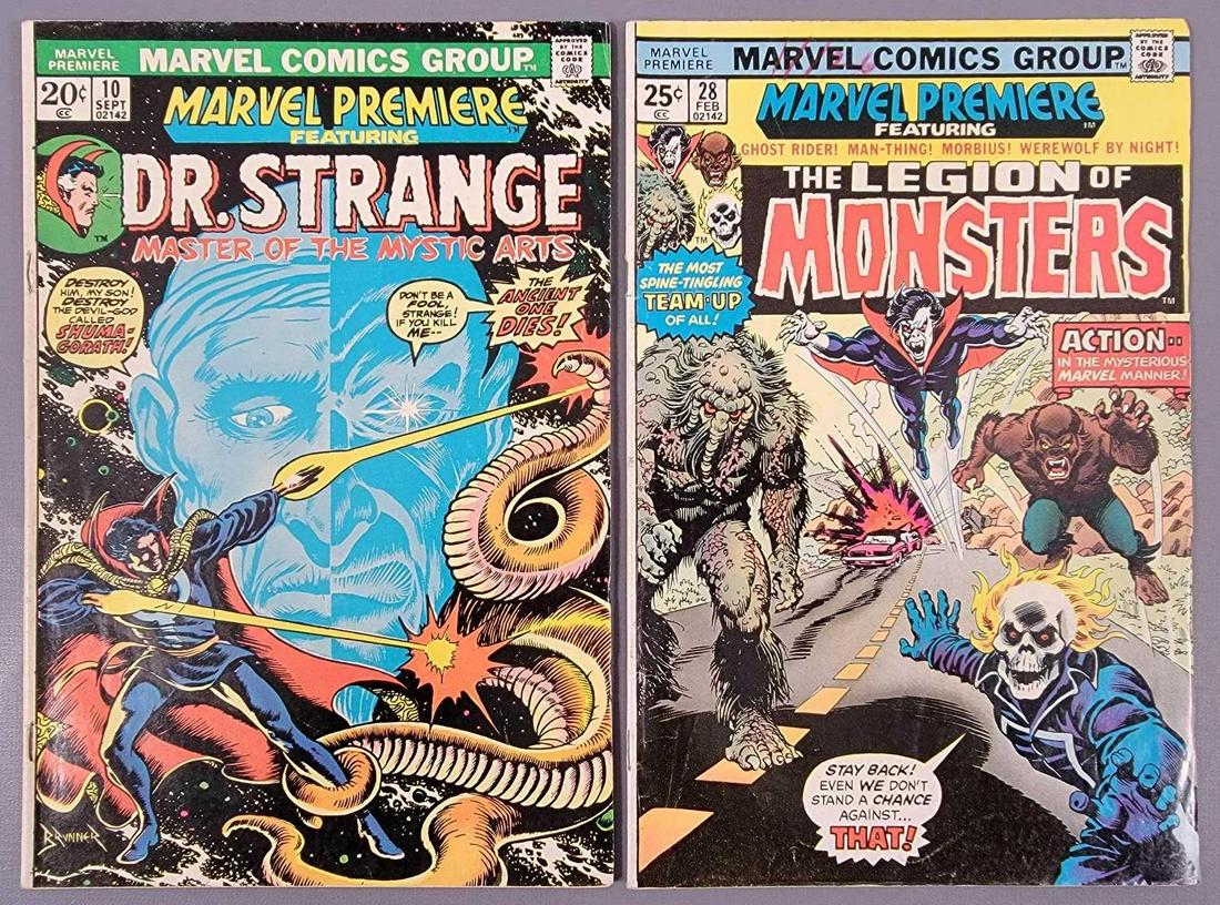 Marvel Premiere 10 Dr Strange and 28 Legion of Monsters: Marvel Premiere 10 Dr Strange and 28 Legion of Monsters, both show wear and are in the 3.5 to 4.0 area as seen in the photos. Comes bagged and boarded.