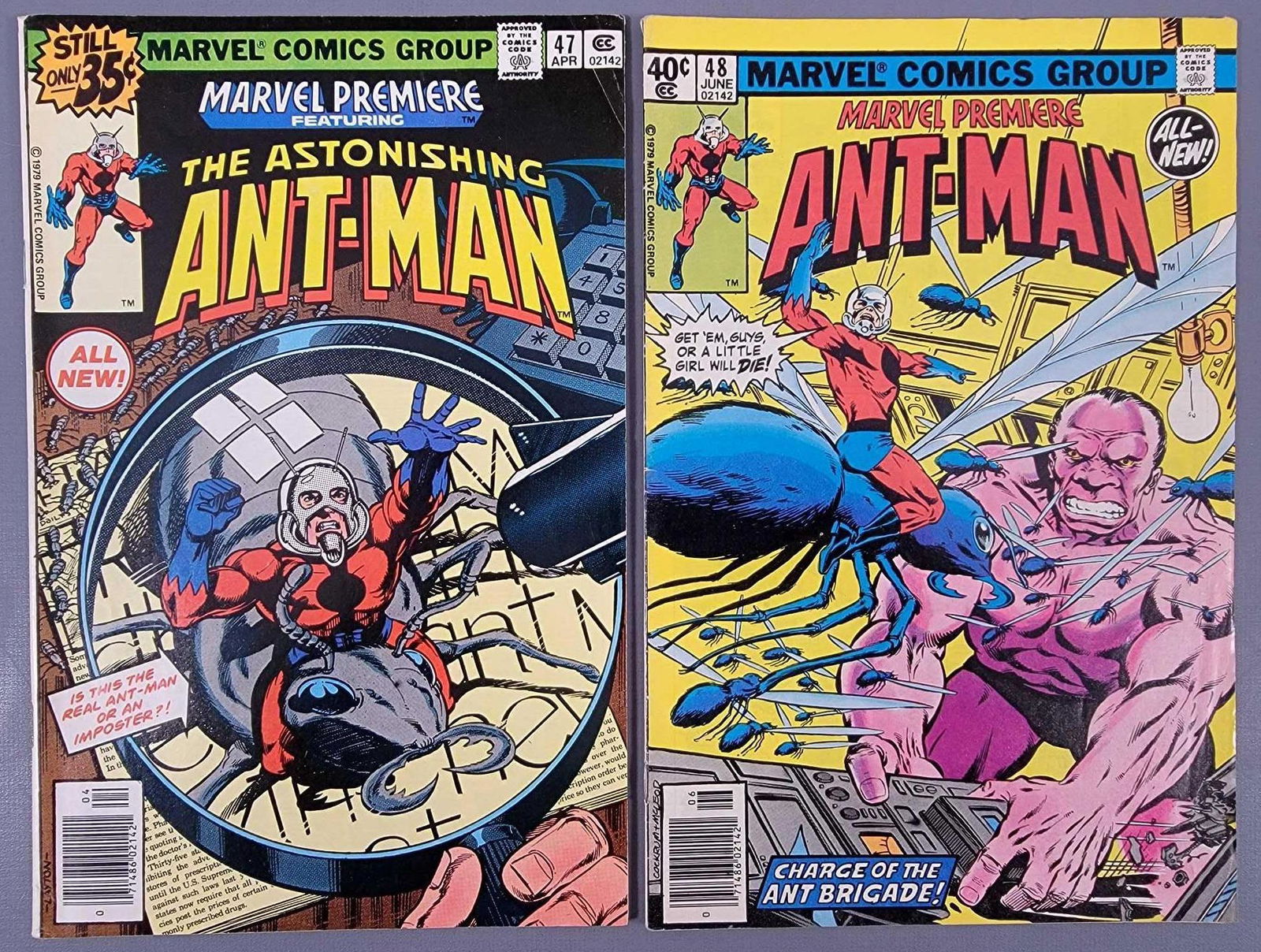 Marvel Premiere 47 and 48 1st / 2nd Scott Lang Ant Man: Marvel Premiere 47 and 48 1st / 2nd Scott Lang Ant Man. 47 has a small crease at the top right and minor spine wear, 5.0, 48 has a little more wear to the spine area and one tiny crease at the bottom