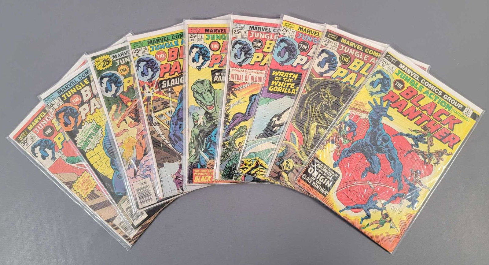 Ten Jungle Action 8-24 with Black Panther: Ten Jungle Action 8-24 with Black Panther. Includes 8, 10, 13, 16, 17, 19, 20, 22, 23 and 24. 22 is the worst and is a 2.0, the rest range between 4.0 and 6.0 as seen in the photos. All books in this 