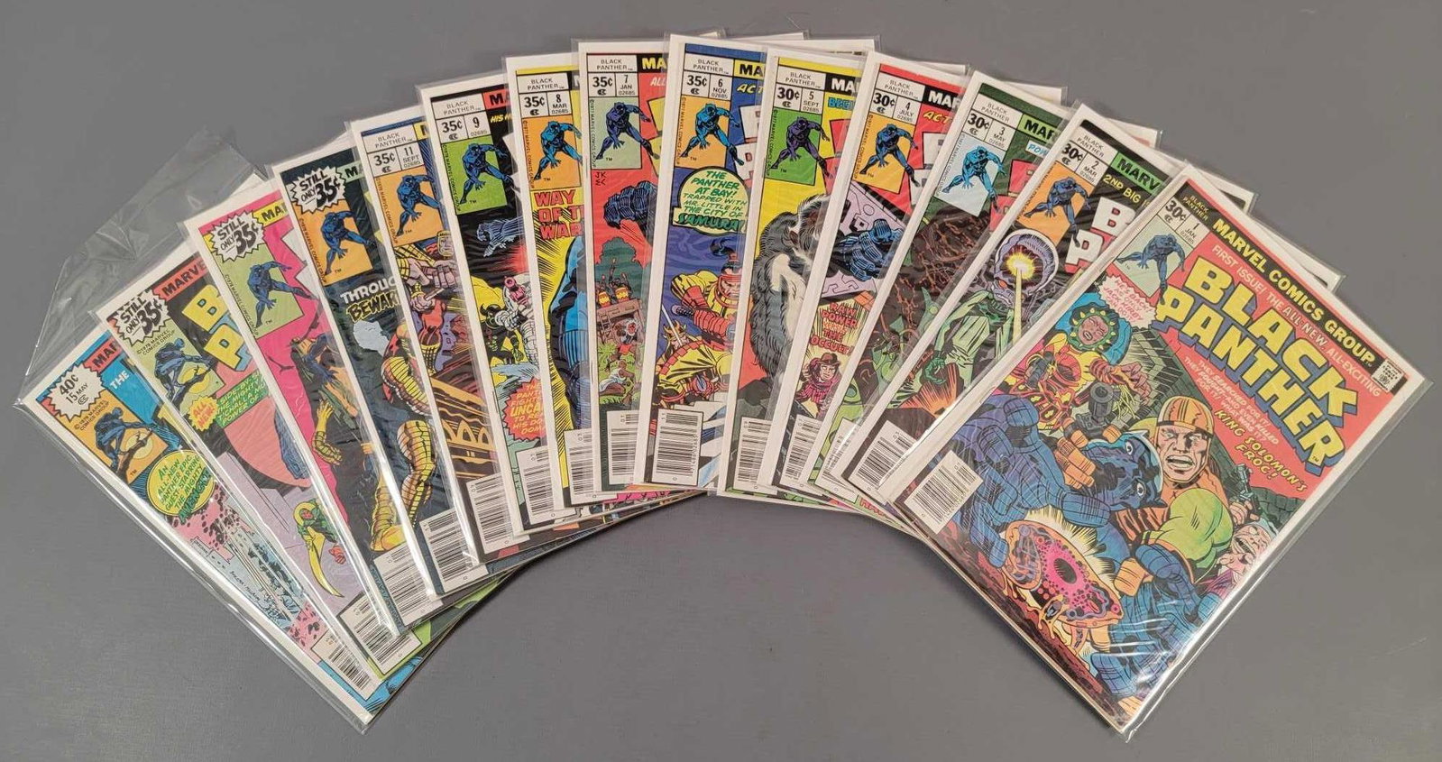 Marvel Black Panther 1-15 full run: Marvel Black Panther 1-15 full run. The #1 has some creases along the bottom edge but is otherwise nice, around a 4.5-5.0, the rest are between 6.0 and 8.0 as seen in the photos. All books in this gro