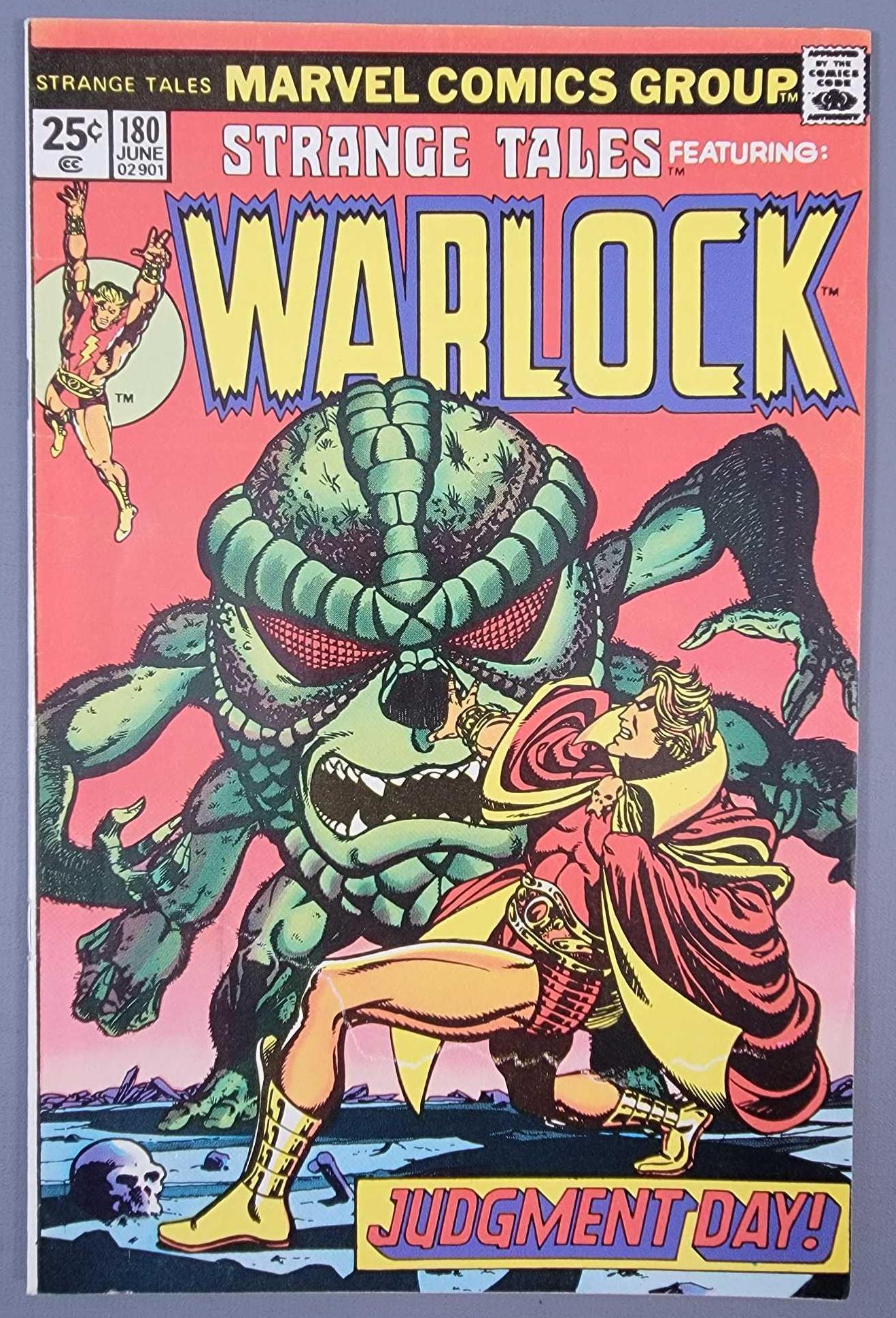 Marvel Strange Tales 180 1st appearance of Gamora: Marvel Strange Tales 180 1st appearance of Gamora, very nice and clean with great gloss but there is a wispy trail of missing ink that goes through the left knee of Adam Warlock, 7.0 as seen in the ph