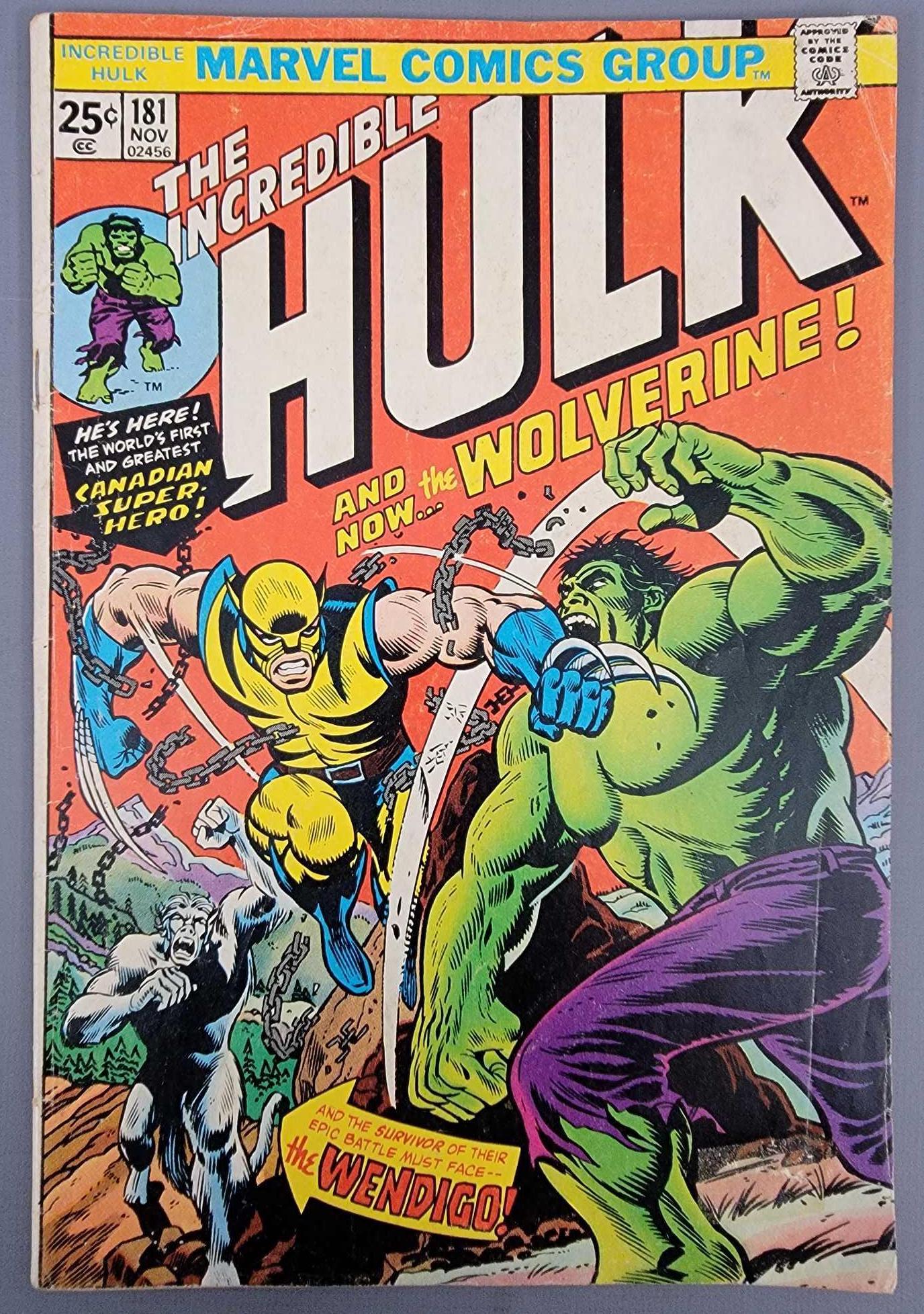 Incredible Hulk 181 1st Wolverine NO VALUE STAMP: Incredible Hulk 181 1st Wolverine, book is incomplete as the marvel value stamp has been cut out but it does not affect the story. There was also a bit of dried masking tape on the bottom right that w