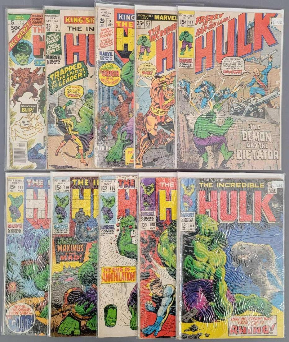 Ten Incredible Hulk issues 104-177 plus three King Size: Ten Incredible Hulk issues 104-177 plus three King Size, all are low grade filler pieces. includes 104, 108, 116, 119, 121, 133 and 177 plus King Size special 2, 3 and King Size Annual 5. Sold as-is a