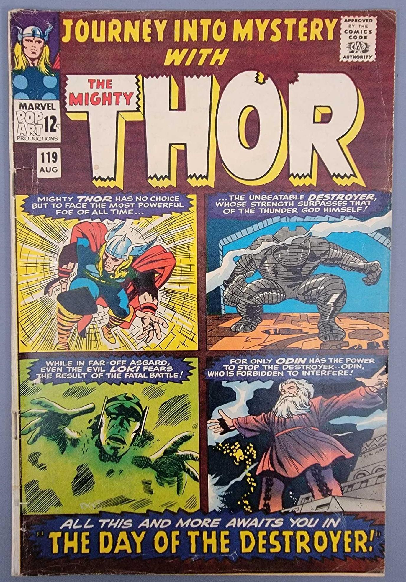 Journey Into Mystery 119 1st appearance of the warriors: Journey Into Mystery 119 1st appearance of the warriors Three 2nd app. Destroyer, has general wear along the spine and edges, 3.0 as seen in the photos. Comes bagged and boarded.