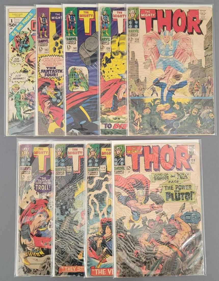 Ten Marvel Silver Age Thor issues 128-142 with key: Ten Marvel Silver Age Thor issues 128-142 with key issues. Includes 128, 129, 131, 137, 138, 139, 141 and 142 plus Giant Size Thor 1. All are generally in the 2.0 to 4.0 area although there may be one