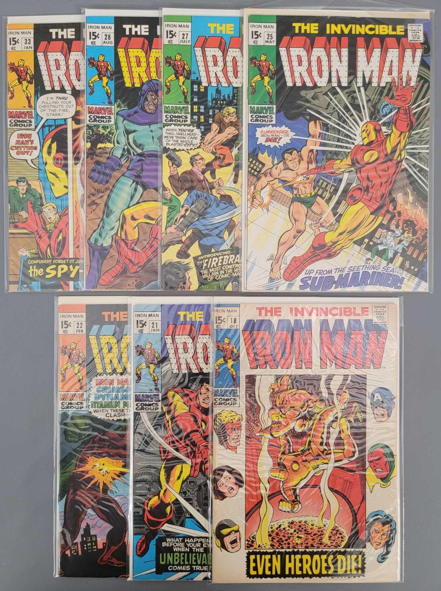 Seven Bronze age Iron Man 15 cent comics 18 21 22 25 27: Seven Bronze age Iron Man 15 cent comics to include 18, 21, 22, 25, 27, 28 and 33, all in 5.0 to 7.0 condition as seen in the photos. All seven come bagged and boarded.