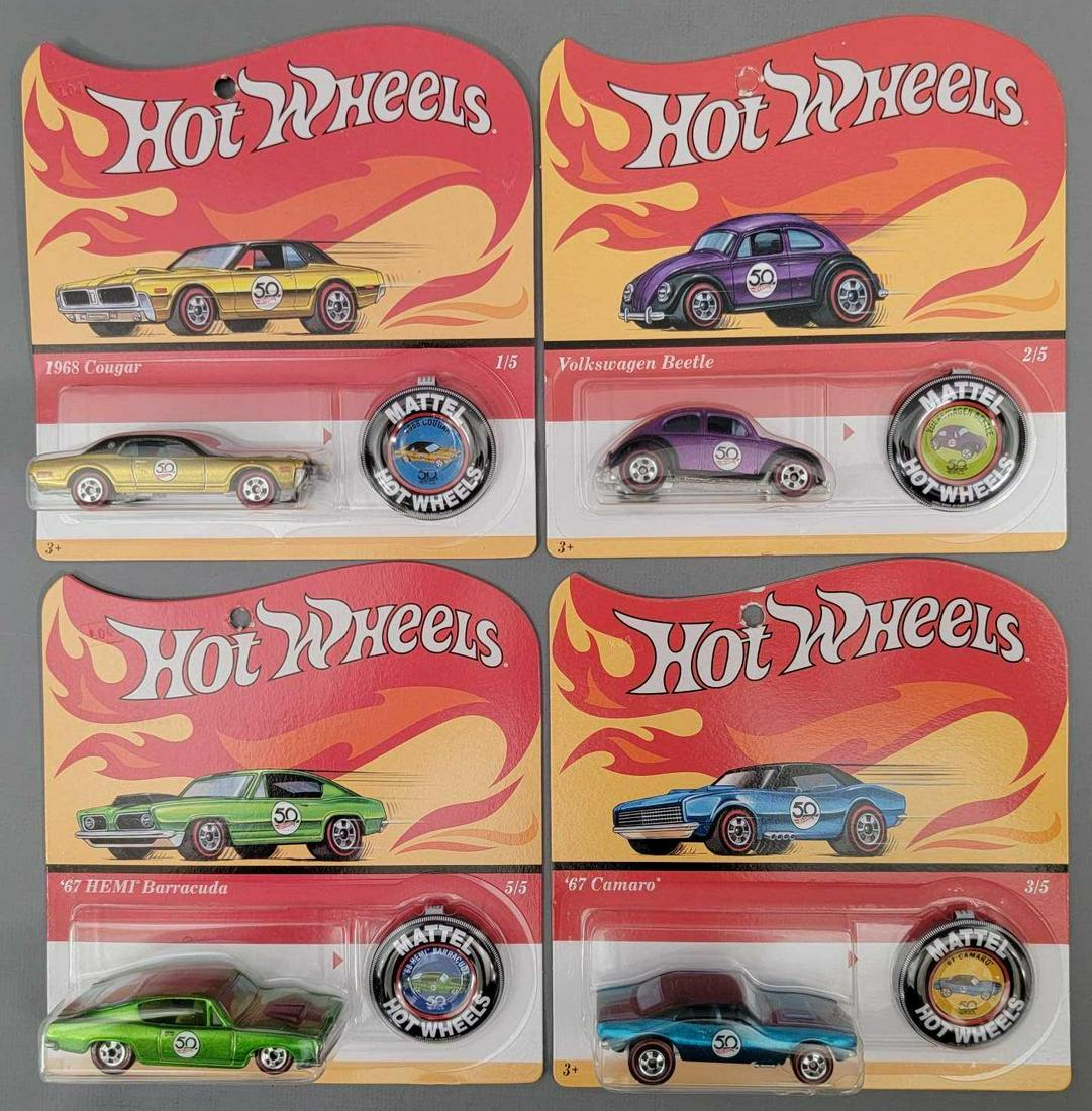 Four Mattel Hot Wheels 50th anniversary cars on blister: Four Mattel Hot Wheels 50th anniversary cars on blister cards, four cars of a five car set, missing the Mustang. These four are near mint to mint on excellent plus cards with clear blisters.