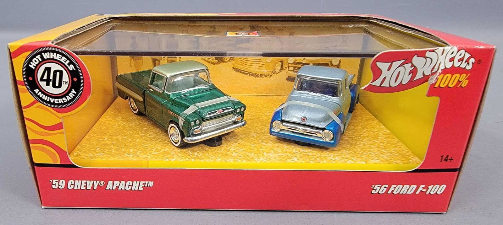 Mattel Hot Wheels 100% 40th anniversary Truck Show MIB: Mattel Hot Wheels 100% 40th anniversary Truck Show set, includes mint '59 Chevy Apache and '56 Ford F-100 trucks in a near mint case with a good original box.