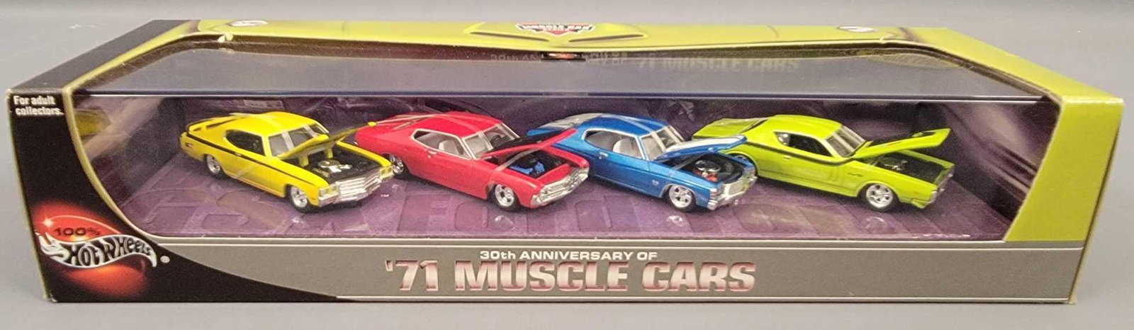 Hot Wheels 100% 29778 30th Ann of '71 Muscle Cars set: Hot Wheels 100% 29778 30th Ann of '71 Muscle Cars set, includes 4 mint cars in a near mint case with a very good original box.