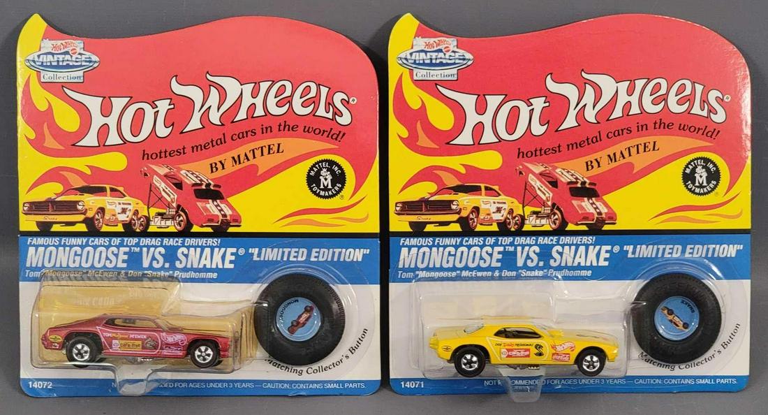 Group of 2 Hot Wheels Vintage Series I Funny Cars: Group of 2 Hot Wheels Vintage first Series Funny Cars. Yellow Snake and Red Mongoose cars are both minty on good cards. These are the coca-cola logo versions. Blisters are lightly yellowed , crack fre