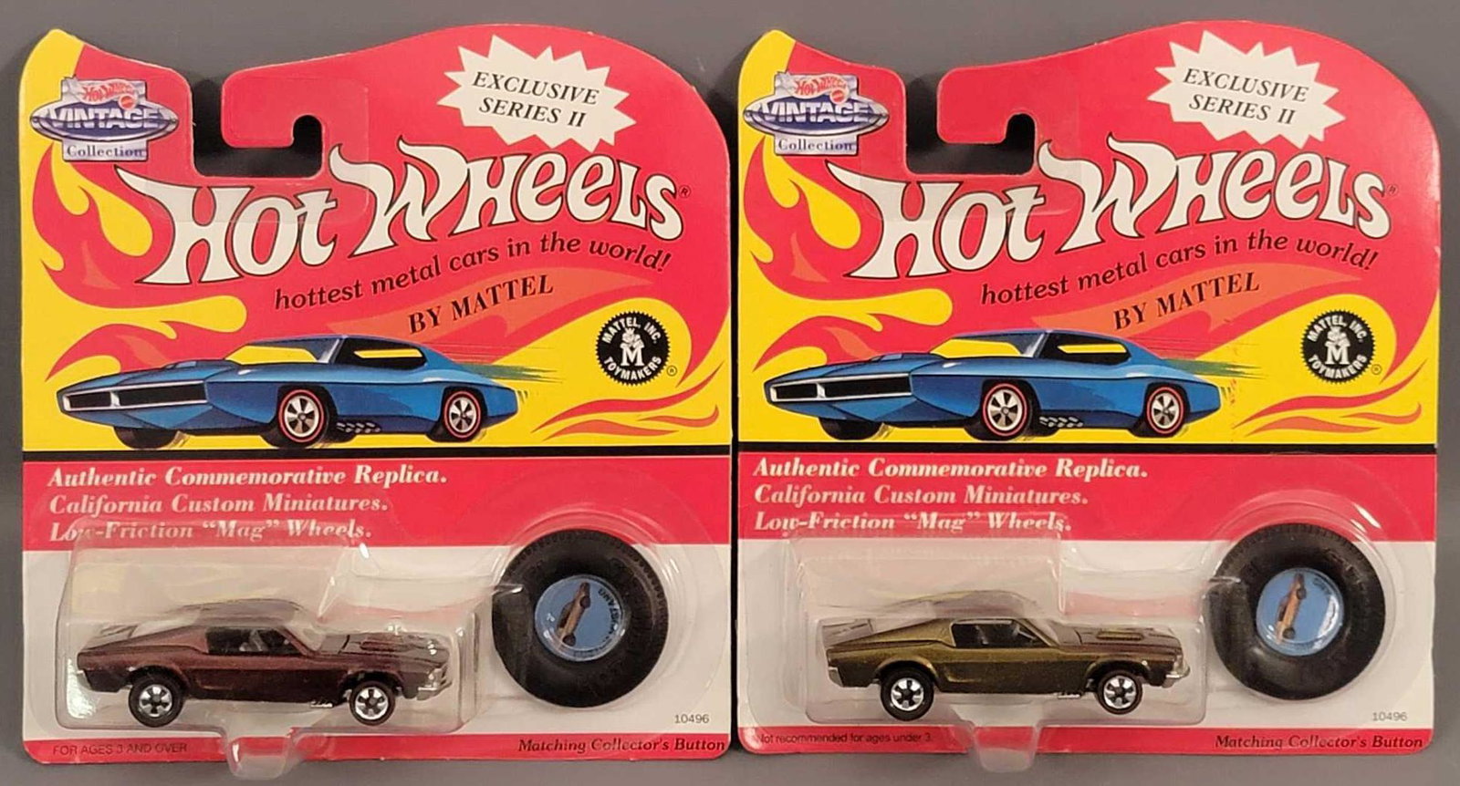 Group of 2 Hot Wheels Vintage Series II Mustang Blister: Group of 2 Hot Wheels Vintage Series II Mustang Blister Packs. Group includes 1 olive and one brown, both are minty on nice condition cards. As seen in the photos.