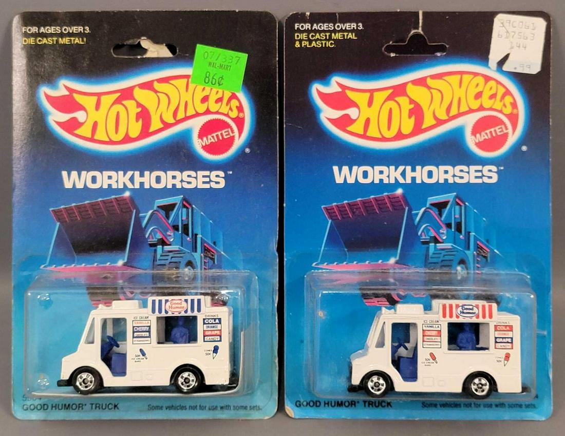 Group of two Hot Wheels Good Humor Trucks on Blister: Group of two Hot Wheels Good Humor Trucks on Blister Pack. Both cars are mint on fair to good cards. There is one each blue and red tampo versions here. Blisters are clear, crack free and firmly attac
