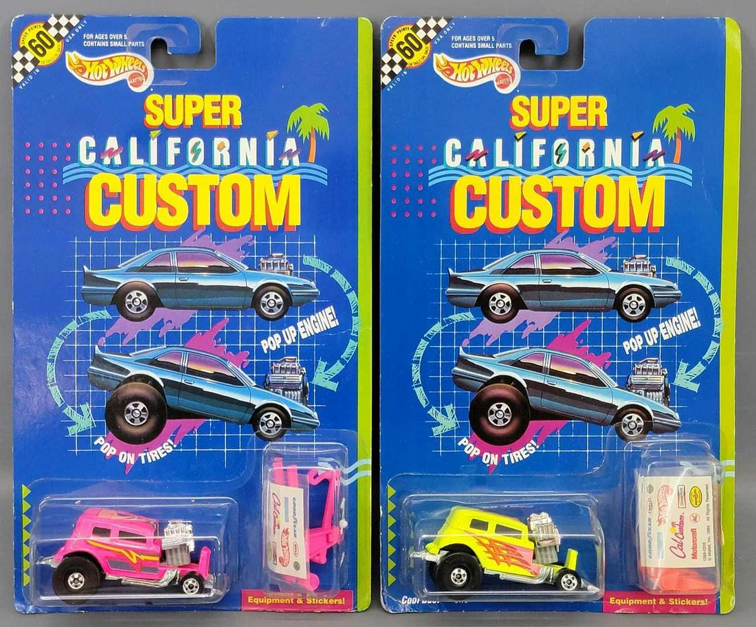 Group of 2 Hot Wheels Super California Customs Coupes: Group of 2 Hot Wheels Super California Customs on Cards. Cars are minty and include a pink Scorch Torch and a Fluorescent yellow Cool Duel. Cards are good with light wear, blisters are clear, crack fr