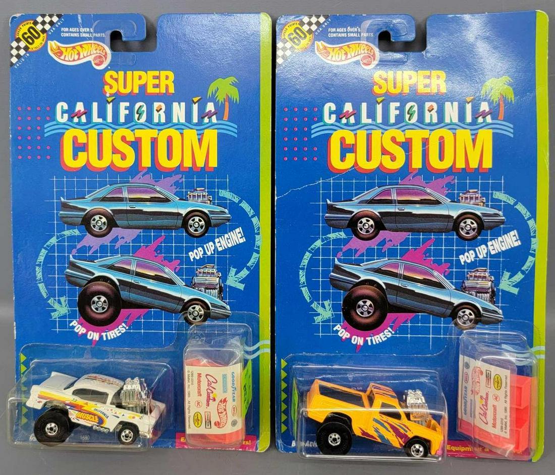 Group of 2 Hot Wheels Super California Customs on: Group of 2 Hot Wheels Super California Customs on Cards. Cars are minty and include a white Catalina Cruz and a Fluorescent orange Bod-Acious. Cards are good with light wear, blisters are clear, crack