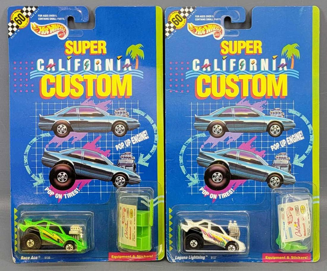 Group of 2 Hot Wheels Super California Customs: Group of 2 Hot Wheels Super California Customs on Cards. Cars are minty and includes a green Race Ace and a white Laguna Lightning. Cards are good with light wear, Blisters is clean and clear with no