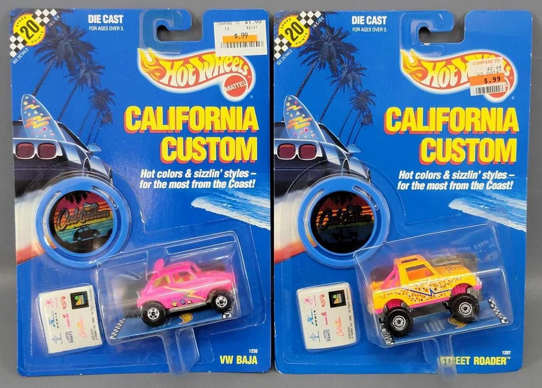 Group of 2 Hot Wheels California Customs on Blister: Group of 2 Hot Wheels California Customs on Blister Packs . Cars are minty and include an orange Street Roader and a pink VW Baja. Cards are very good. As seen in the photos.