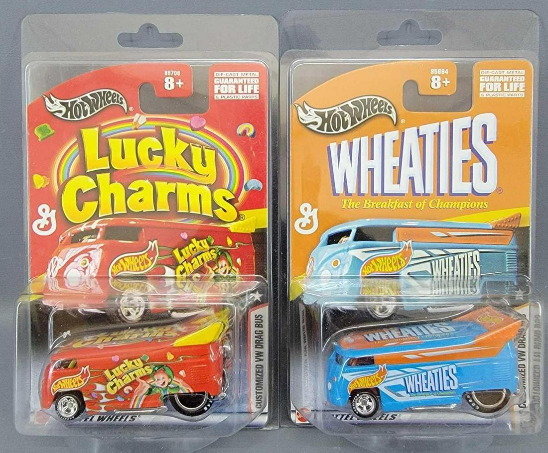 Group of 2 Hot Wheels Volkswagen Drag Bus Blister Packs: Group of 2 Hot Wheels Volkswagen Drag Bus Blister Packs . Cars are minty on very good cards, group includes Wheaties and Lucky Charms. As seen in the photos.