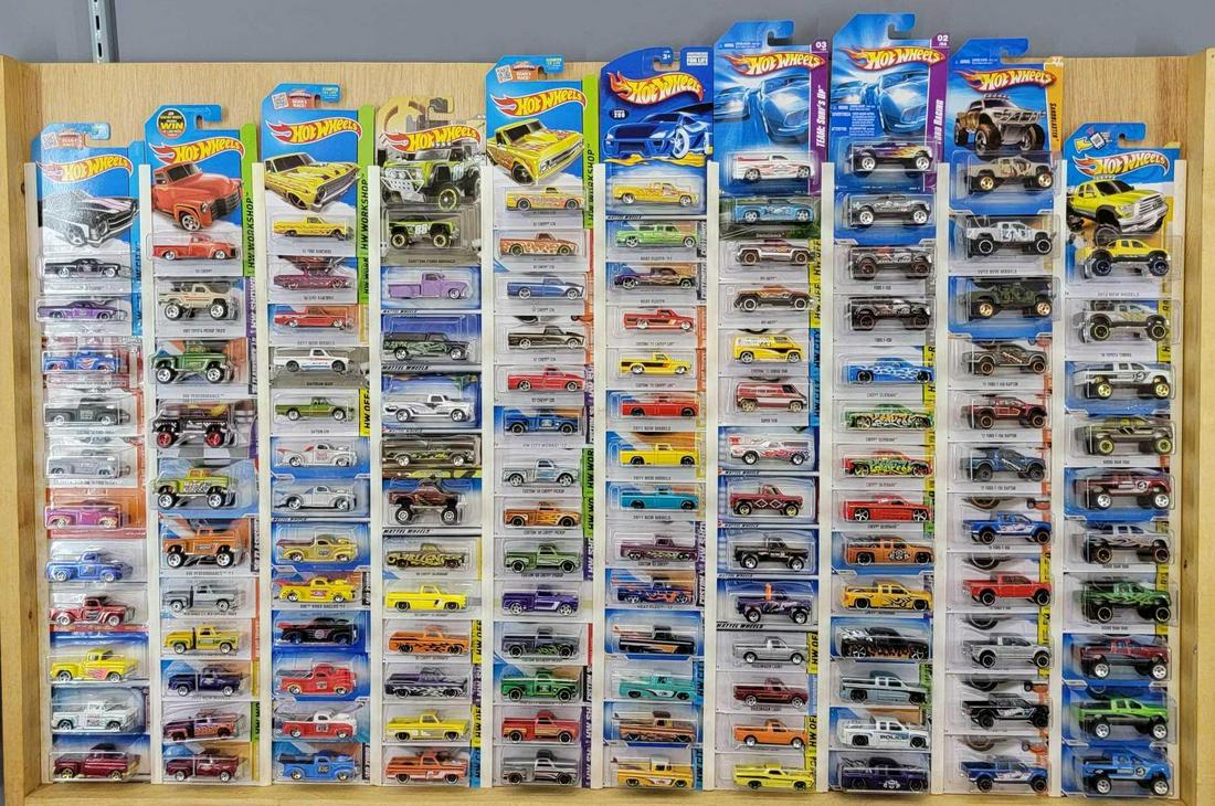 124 Hot Wheels pickup trucks and vans MOC C-10 and: 124 Hot Wheels pickup trucks and vans, mint on sealed blister cards. There are 122 different trucks, many of which are C-10 and square body Chevys plus two vans, all near mint to mint on near mint to