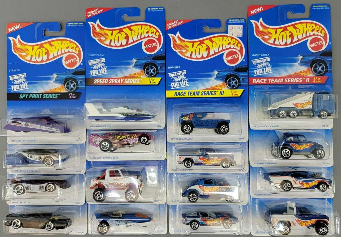 Four Hot Wheels four car sets MOC: Four Hot Wheels four car sets to include Spy Print, Speed Spray, Race Team Series II and Race Team Series III, mint on sealed near mint to mint cards with clear blisters.