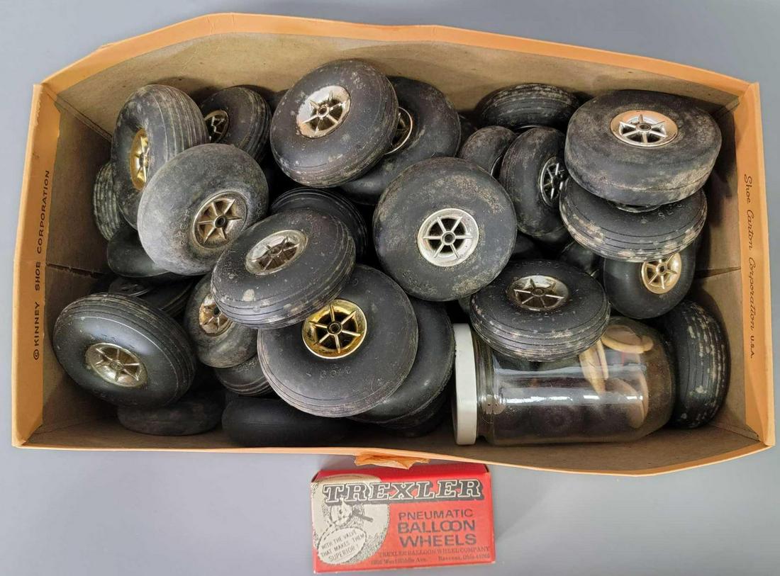Group of mixed vintage aircraft wheels and tires: Group of mixed vintage aircraft wheels and tires. Group of misc. sizes, and unknown manufactures. Sold as-is as seen in the photos with no returns.