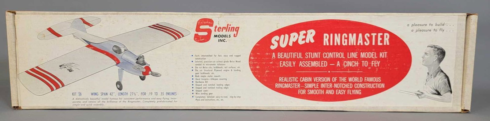 Vintage Sterling Super Ringmaster stunt gas balsa: Vintage Sterling Super Ringmaster stunt gas, balsa, control line airplane kit #S6. Wingspan is 42" length 27 3/4, designed for .19 to .35 gas engine. Kit is mint in mint box