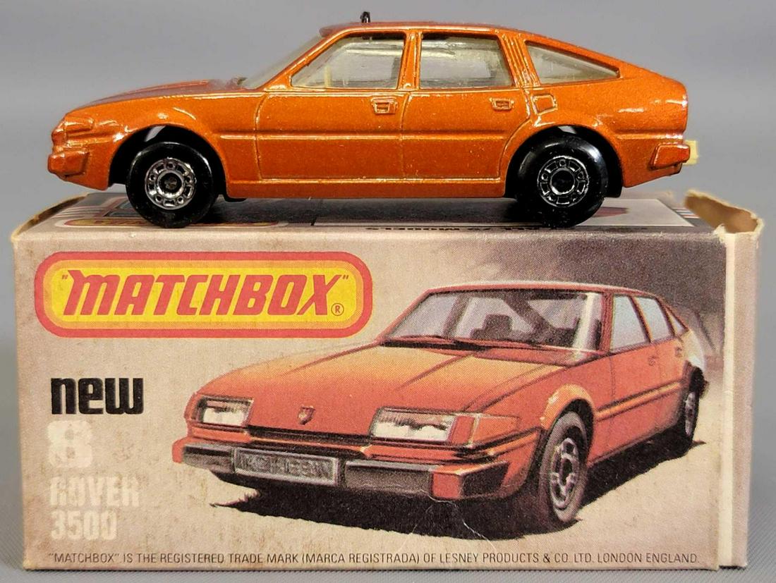 Matchbox 75 #8 Bronze metallic Rover 3500 in original: Matchbox 75 #8 Bronze metallic Rover 3500 in original box. Car is minty , this is a tougher color, in a fair original box, box has a few light veins, and some denting to the side panels.. As seen in t