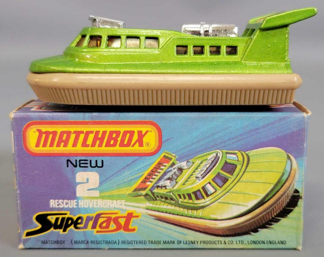 Matchbox 75 Superfast #2 Rescue Hovercraft in original: Matchbox 75 Superfast #2 Rescue Hovercraft in original box . Hovercraft is minty in a fair box that has a skinned spot on one side panel. As seen in the photos.