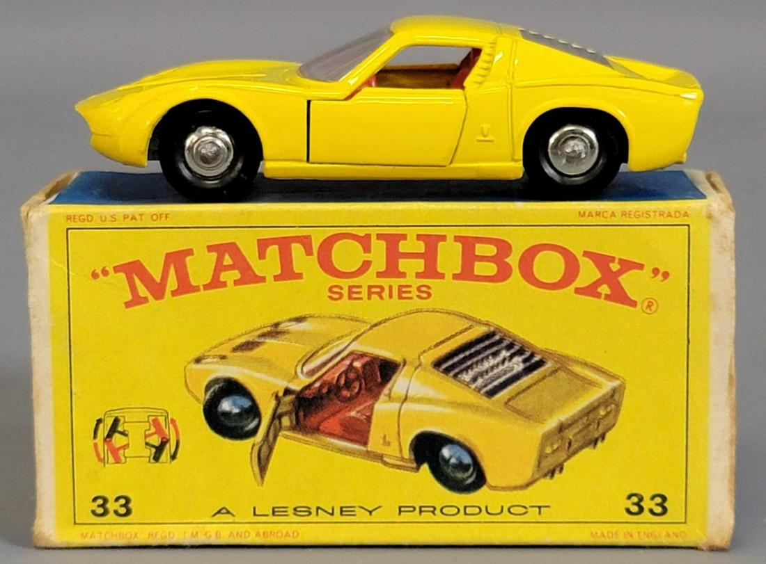 Lesney Matchbox Yellow #33 Lamborghini Miura P400 in: Lesney Matchbox Yellow #33 Lamborghini Miura P400 in original box. Car is excellent with a chip at the nose, base is lightly tarnished The box is fair having come unglued at one edge, one panel is cup