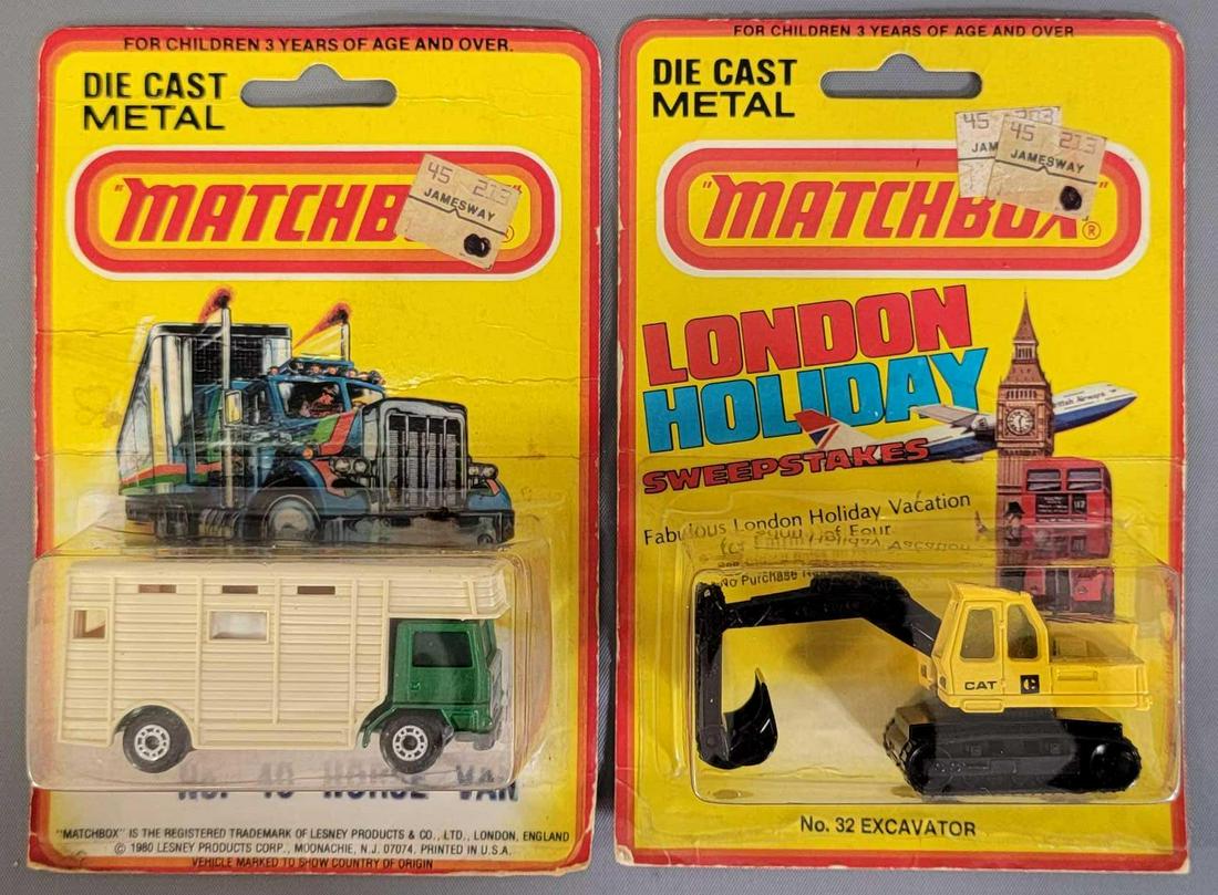 Group of two Lesney Matchbox #40 Horse Van & #32: Group of two Lesney Matchbox #40 Horse Van & #32 Excavator on Blister Packs. Both vehicles are mint in fair cards that have veins and edge wear, both have clear crack free blisters. As seen in the