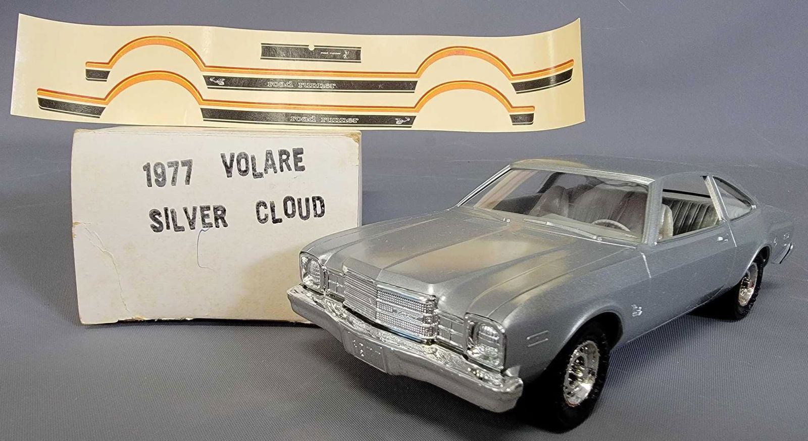 1977 Plymouth Volare Road Runner Silver Cloud Metallic: 1977 Plymouth Volare Road Runner Silver Cloud Metallic Dealer Promo Car Original Box. Excellent original condition in the original tissue and decals. None nicer.