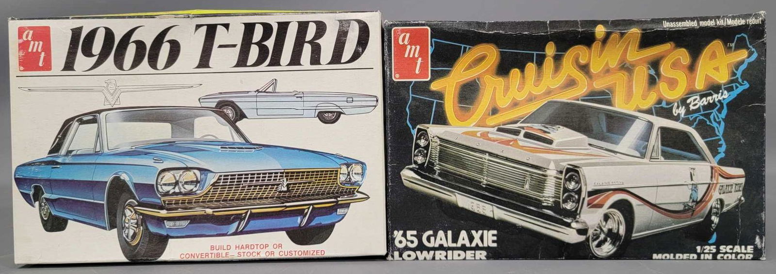 Group of two AMT Fords 65 Galaxie & 66 T-Bird 1:25: Group of two AMT Fords 65 Galaxie and 66 T-Bird 1:25 scale model kits T269 and 2263 mint unbuilt. T-bird box is very good with light wear, 65 Galaxie is fair with cupping and one corner having come un