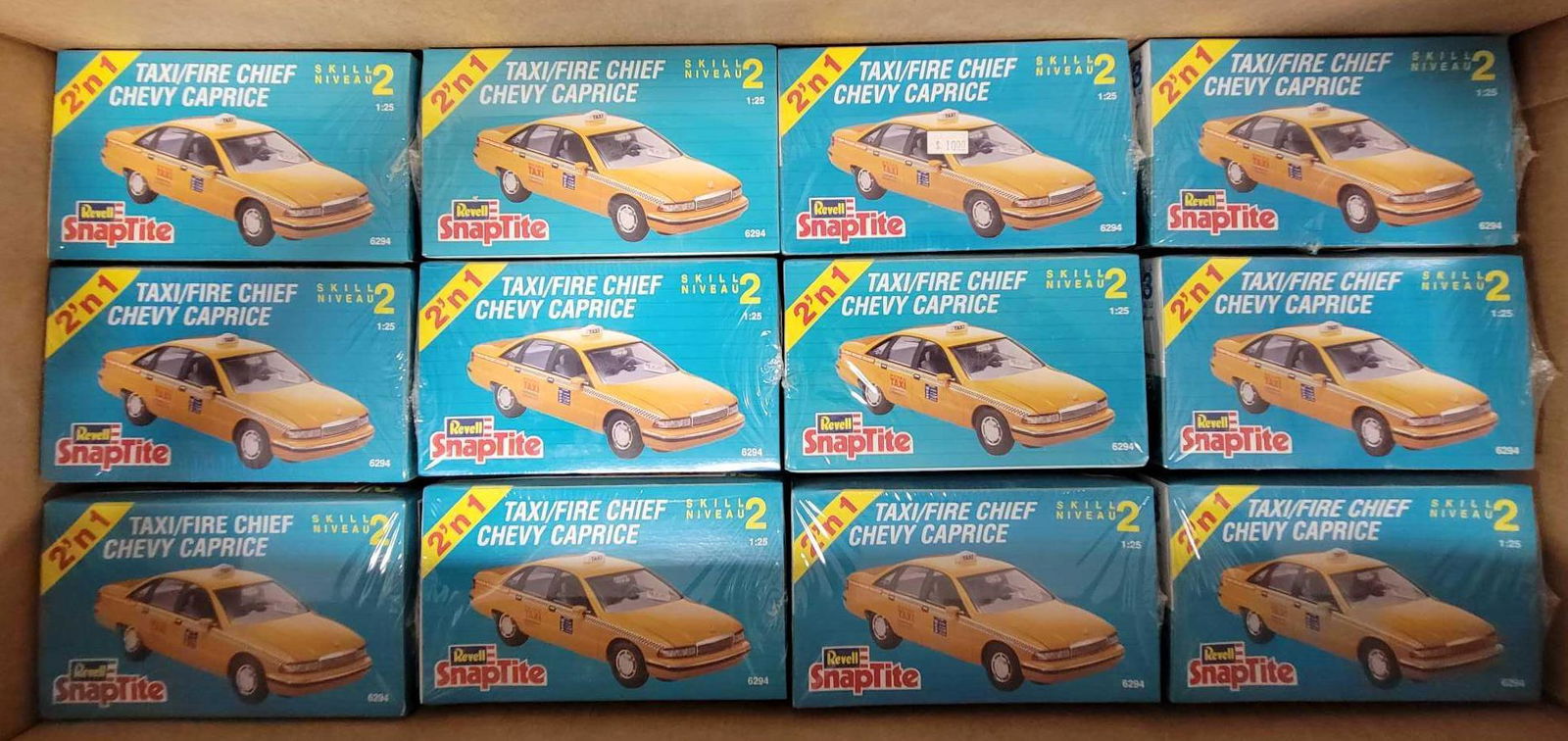 Twelve factory sealed Revell Taxi / Fire Chief Chevy: Twelve factory sealed Revell Taxi / Fire Chief Chevy Caprice 1/25 scale model kits, stock number 6294. All four are perfectly sealed in near mint original boxes.