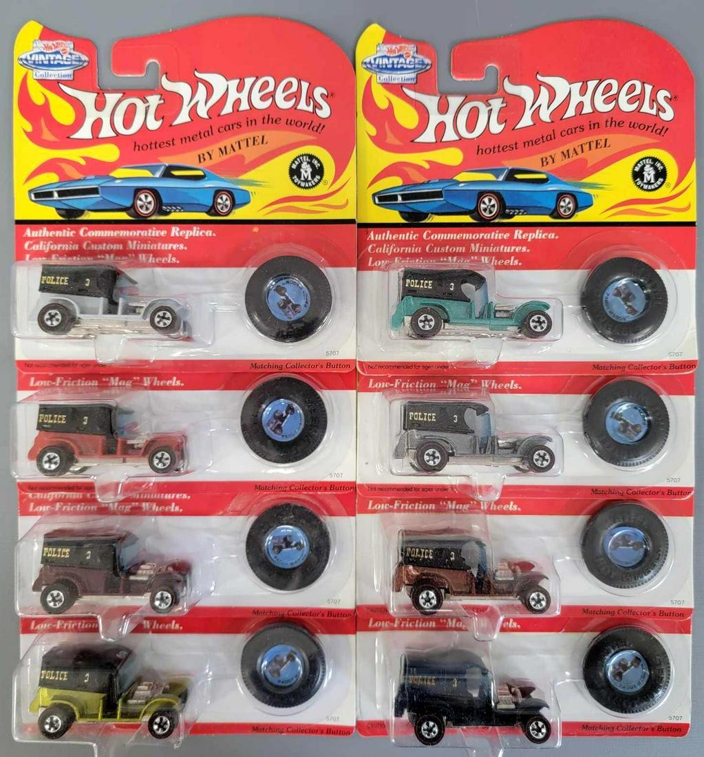 Group of Eight Hot Wheels Vintage Collection Paddy: Group of Eight Hot Wheels Vintage Collection Paddy Wagons. All cars are mint with no duplicate colors, and all are on excellent to near mint cards.