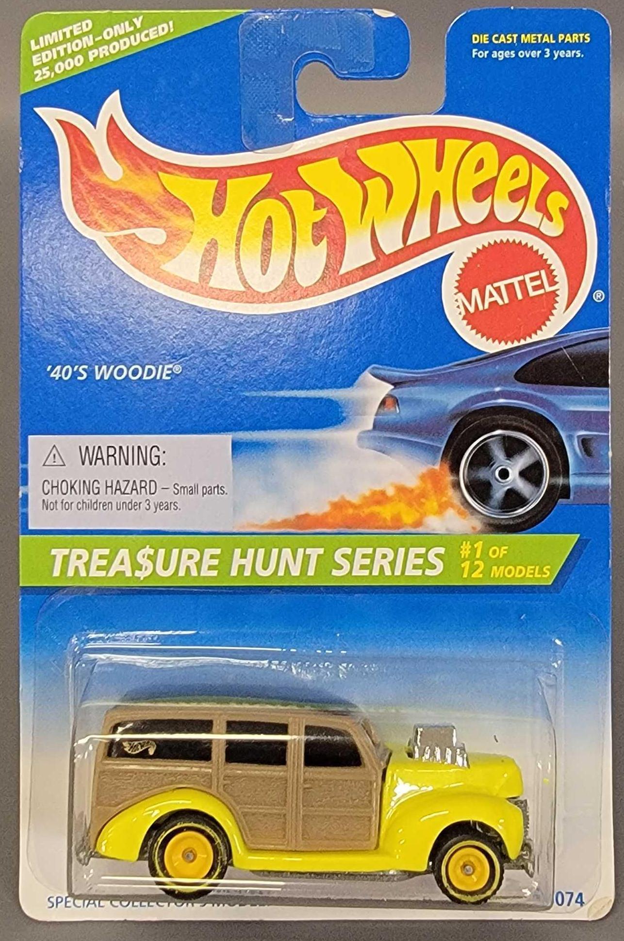 Hot Wheels 1996 Treasure Hunt 40's Woodie on sealed: Hot Wheels 1996 Treasure Hunt 40's Woodie on sealed card. Car is the yellow line tire version and is mint on an excellent card. Shipped in a protector.