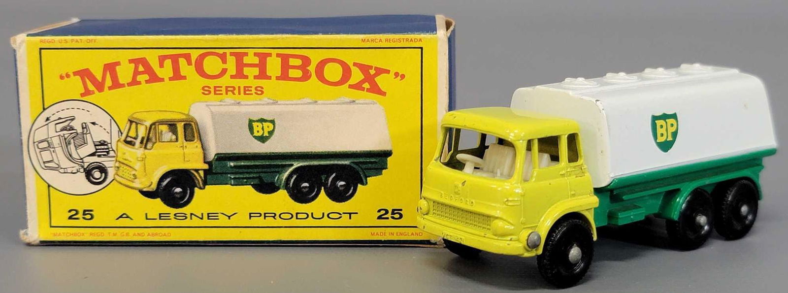 Lesney Matchbox 25 B.P. Tanker in original E series box: Lesney Matchbox 25 B.P. Tanker in original E series box . Truck is very good with a few scattered tiny chips on the front of the cab and front high edge of tank, box fair with small hinge tears and so