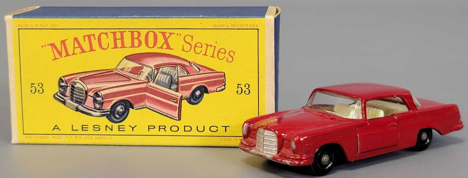 Lesney Matchbox 53 Mercedes-Benz Coupe in original D: Lesney Matchbox 55 Police Patrol Car in original D series box . Car is very good with a few high edge marks on rear, front bumper and the drivers door edge has some wear , really pretty red paint over