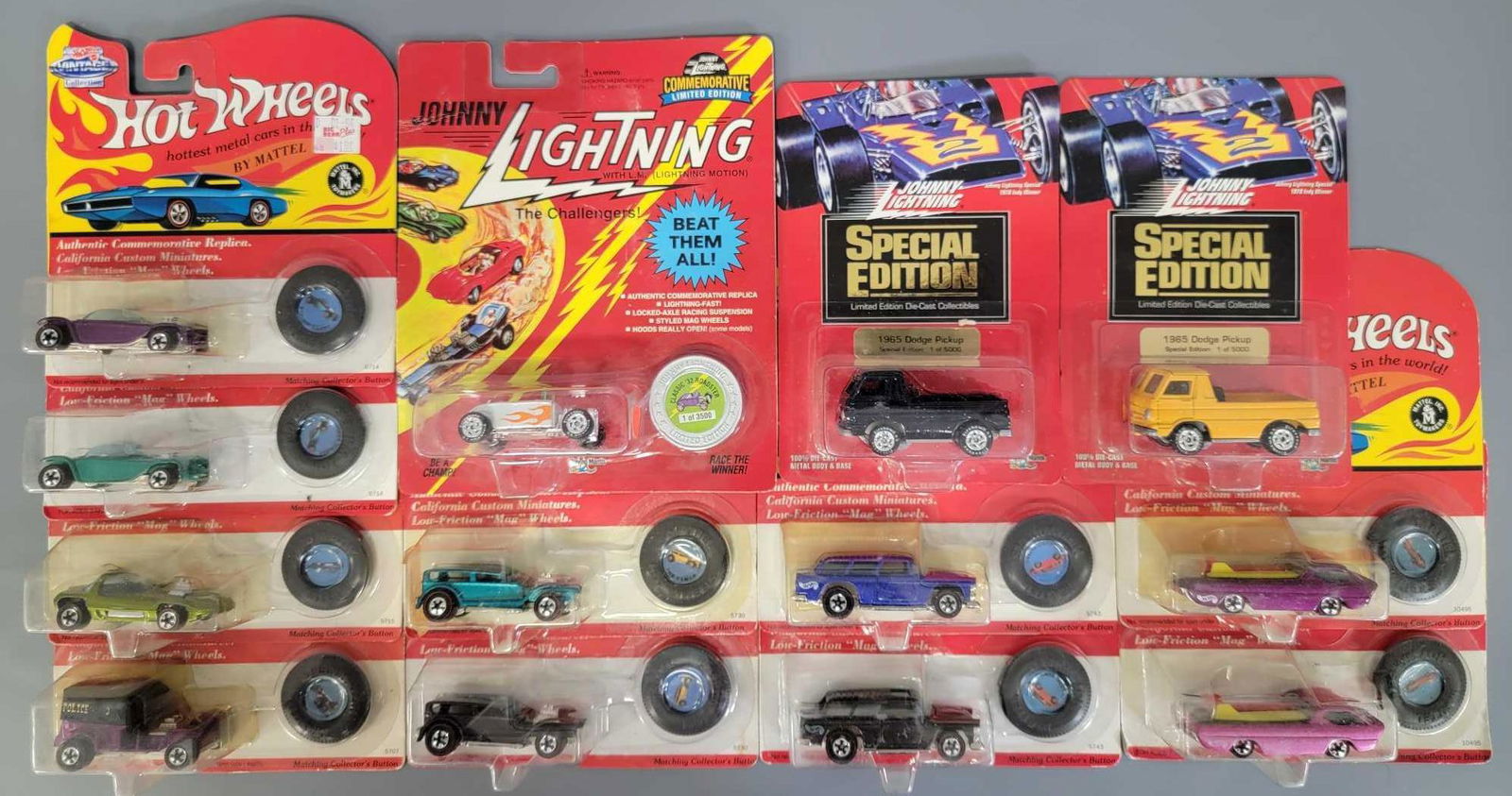 Group of Thirteen Hot Wheels and Johnny Lightning cars: Group of Thirteen Hot Wheels and Johnny Lightning cars on cards. Group includes 10 Hot Wheels Vintage Collection cars consisting of 2 Deoras, 2 Classic Nomads, 2 The Demons, 2 Beatnik Bandits, a Silho